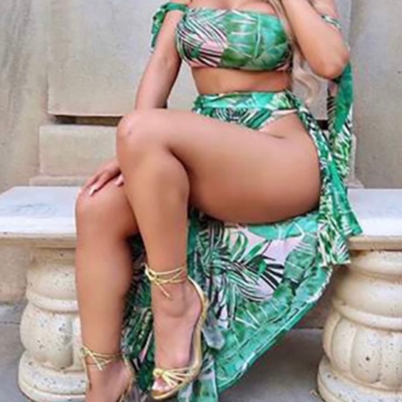 Floral Tropical Print Multicolor Three Piece Cover-up and Swimsuit Set - Picture 7 of 13